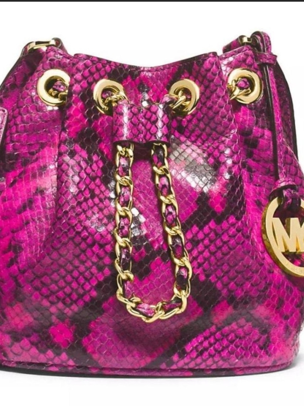 Michael Kors Hot Pink Snake-Print Chain-Trim Bucket Bag.